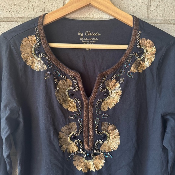 Chico’s Black Beaded Tunic Top – 3/4 Sleeve Metallic Accent Blouse (Size 2 / L) - Picture 2 of 7